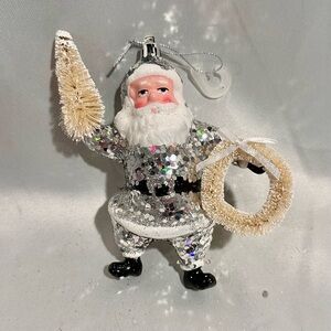 Pink Glittery Silver Santa Claus Figurine Ornament